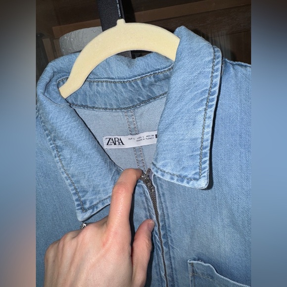 Zara Denim Jumpsuit wide straight leg jeans Zipper Light wash utility 1889/159 - Picture 8 of 11